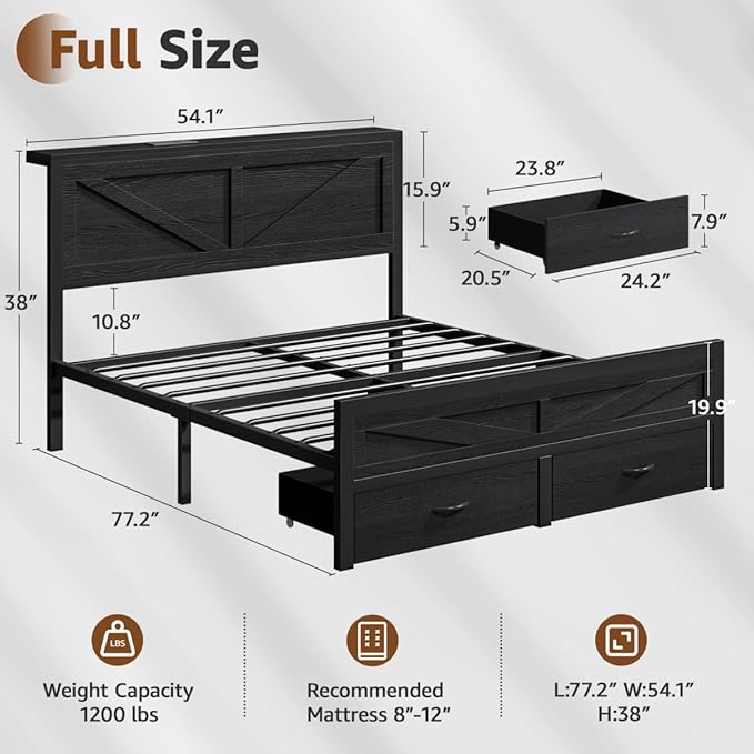 Rustic Full Size Bed Frame with Storage Drawers and Barn Door Headboard, Farmhouse LED Bed Frame Full with Charging Station, Metal Industrial Platform Bed Frames, No Box Spring Needed, Black