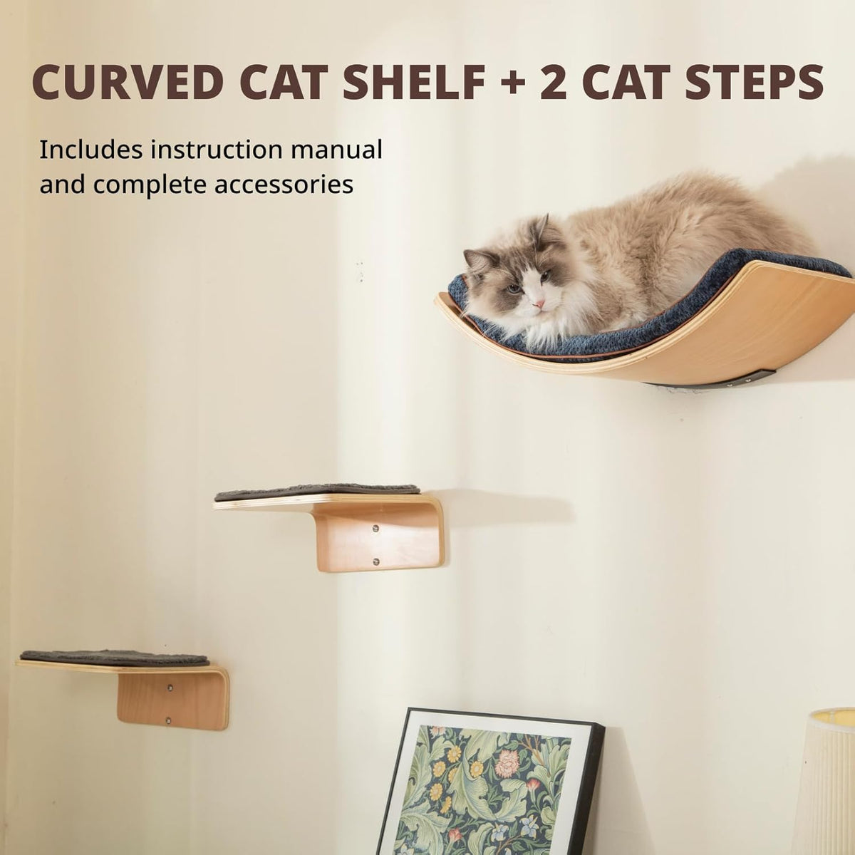 Cat Wall Shelf with Two Steps - Curved Cat Shelves and Perches for Wall (Large Size) - Wall Mounted Cats Furniture for Sleeping, Playing, Climbing, and Lounging