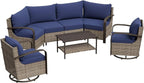 COOS BAY Aurora Terrace Half-Moon Outdoor Furniture Set, Rattan Conversation Set with Swivel Rockers, Curved 4-Seat Sofa, Coffee Table, Seats 6, Beige/Blue