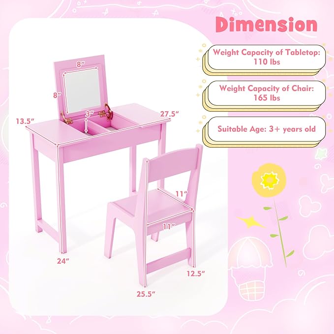 HONEY JOY Kids Vanity, Wooden Girls Vanity Desk with Flip Top Mirror, Hidden Storage Space, Toddler Makeup Vanity Dressing Table, Pretend Play Kids Vanity Table and Chair Set (Pink)