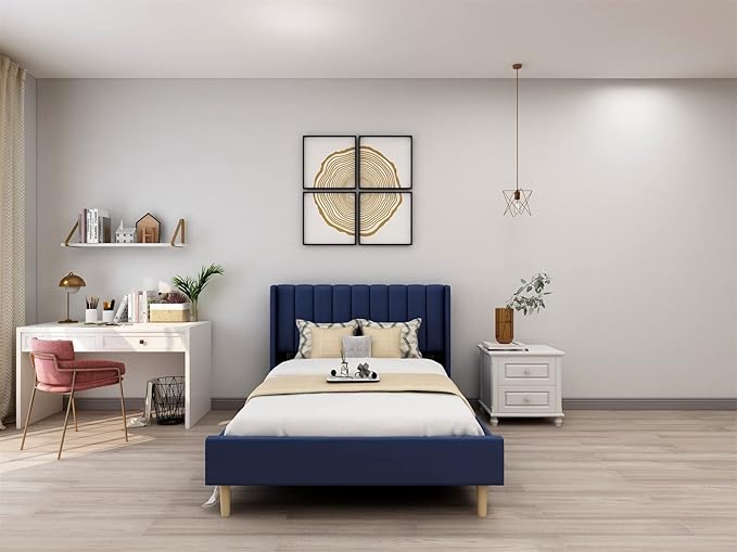 Low Profile Upholstered Platform Bed,Full Beds with Dark-Blue(Linen)