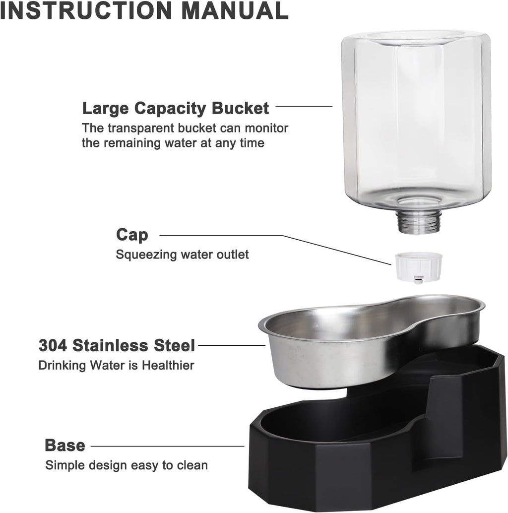 Sfozstra Gravity Water Bowl Dispenser : Automatic 5L Black Cat Stainless Steel Feeder Without Filters for Pets Indoor/Outdoor by Owners
