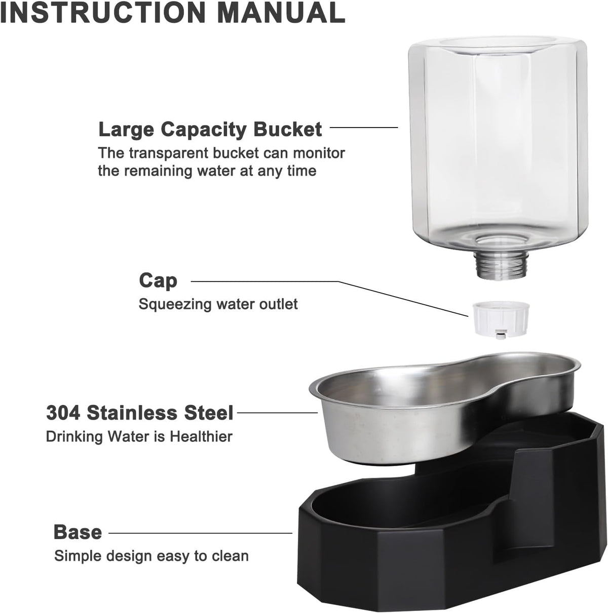 Sfozstra Gravity Water Bowl Dispenser : Automatic 5L Black Cat Stainless Steel Feeder Without Filters for Pets Indoor/Outdoor by Owners