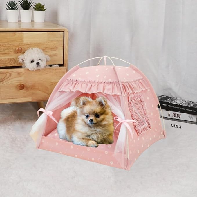 Cat Bed Tents Dog House Indoor Outdoor Lace Mesh Breathable Windows Door Curtains Removable Portable Nest Teepe House (Large,Pink(Ruffled Teim))