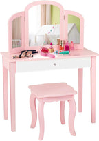 Costzon Kids Vanity, Girls Vanity Set with Tri-Folding Mirror, Stool, Storage Drawer, Princess Toddler Makeup Vanity Desk Dressing Table, Wooden Kids Vanity Table and Chair Set (Pink)