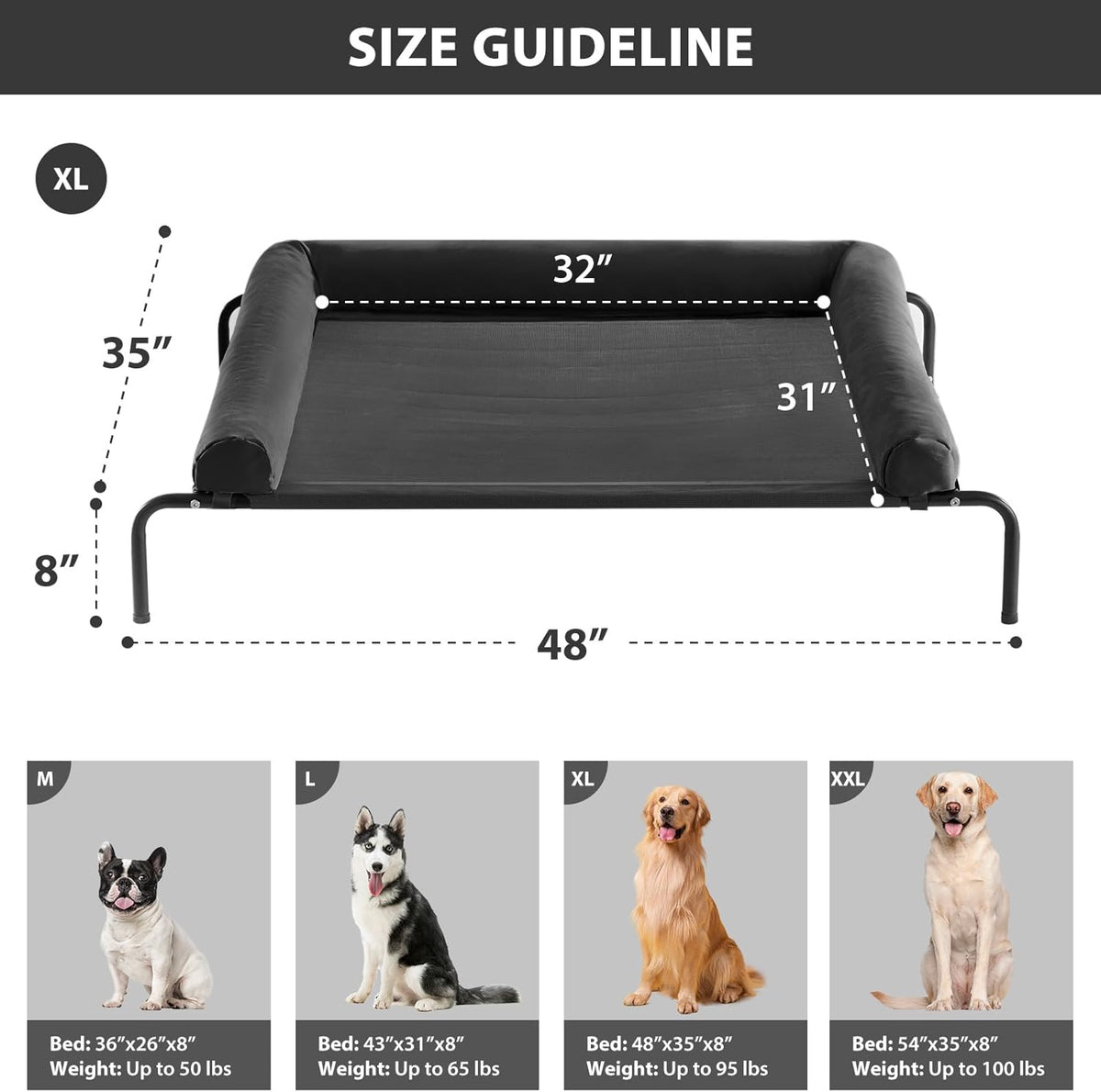RRPETHOME Large Elevated Cooling Dog Bed, Raised Dog Cot Beds for Large Dogs, Elevated Outdoor Pet Cot, Chew Proof Portable Cooling Pet Cot with Skid-Resistant Feet and Breathable Mesh