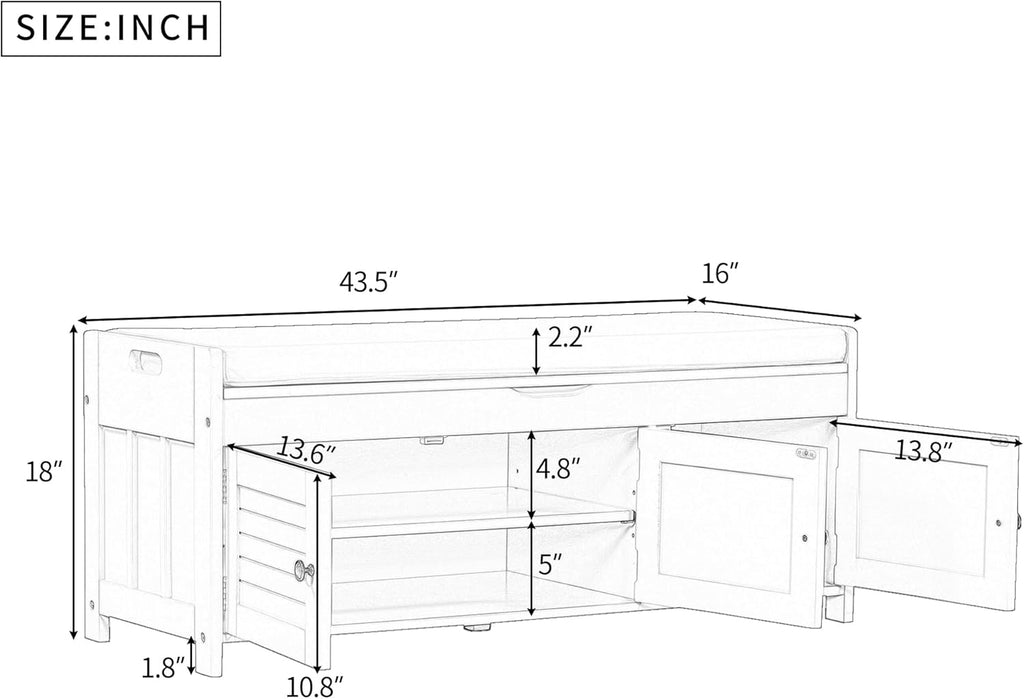 Storage Bench with 3 Shutter-Shaped Doors, Wood Shoe Bench with Removable Cushion and Hidden Storage Space for Entryway, Living Room, Hallway 43.5" L*16" W*18" H (Gray Wash Pine)