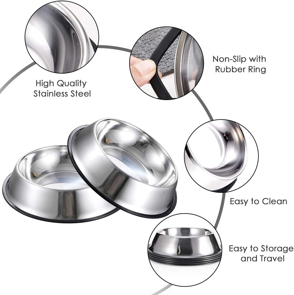 Stainless Steel Dog Bowls, 1.5 Cup/12oz Cat Bowl Water and Food with Rubber Base, Pet Bowls for Small Dogs, Cats, Puppy, Rabbit and Kitten, 3Pack