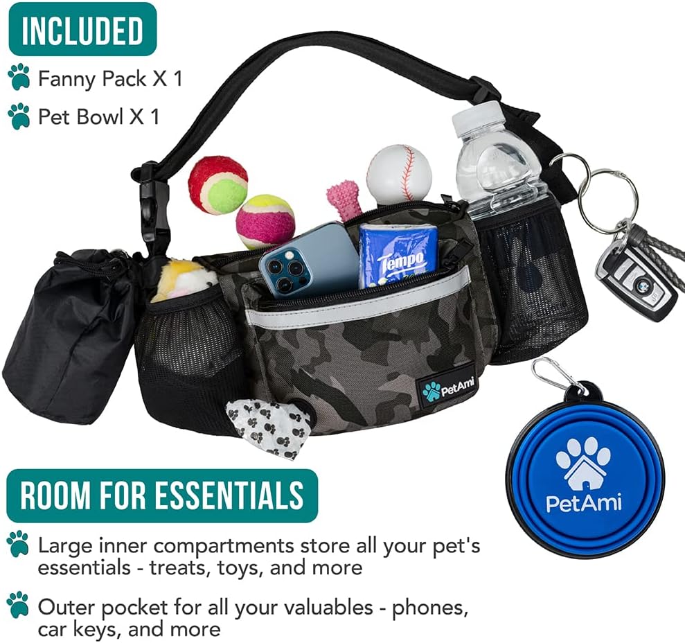 PetAmi Dog Fanny Pack, Treat Pouch for Dog Walking, Training, Built in Poop Bag Dispenser, Water Bottle Holder, Collapsible Bowl, Pet Treat Waist Belt for Hiking, Running, Kibbles (Camo Black)