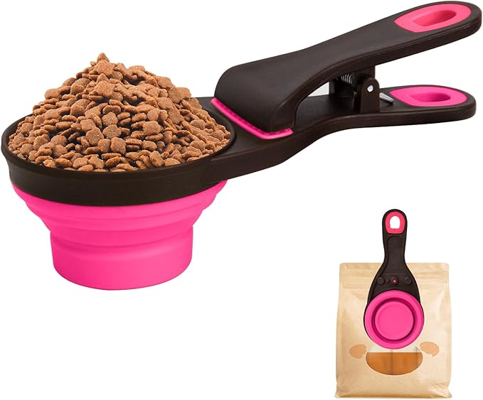 Collapsible Silicone Dog Food Scoop Foldable Pet Food Measuring Cup with Bag Clip 3 in 1 Multi-Function Silicone Dog Food Scooper (Rose Red, Small)
