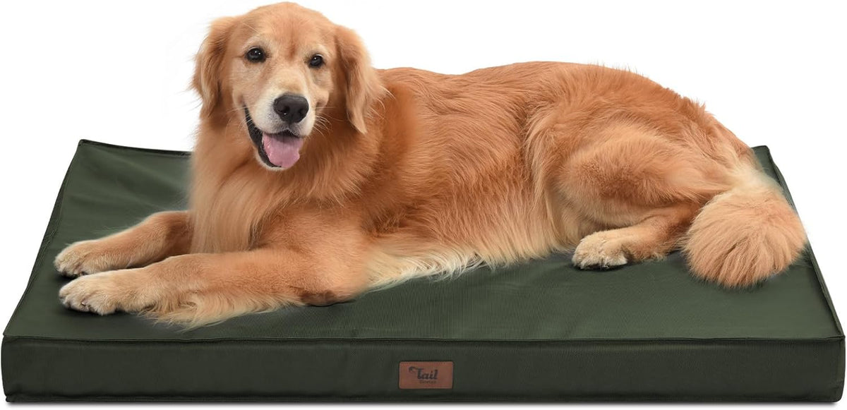 Outdoor Extra Large Dog Bed, Waterproof Dog Bed for Large Dogs, Orthopedic Egg Foam Pet Bed with Washable and Removable Oxford Cooling Cover, Dark Green