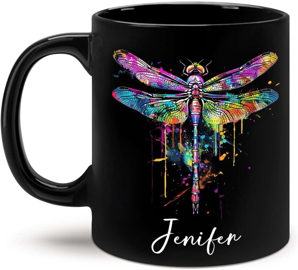 Colorful Dragonfly Ceramic Cup - Personalized Name Coffee Mug for Birthday, Gift for Son Daughter, Customized Black Animal Mug, Dragonfly Lover Cup 11oz 15oz