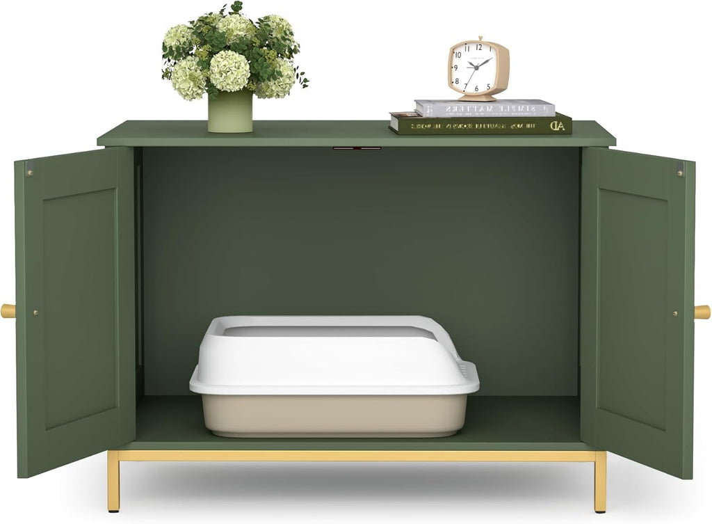 Homhedy Cat Litter Box Enclosure, Cat Washroom Furniture with Metal Frame, Pet House, Fit Most of Litter Box, Modern Style, Green and Gold