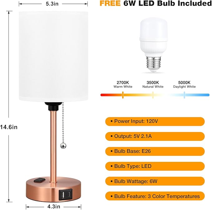 Small Bedside Table lamp for Bedroom - Red Bronze Modern Wedding Gift for Couples, 3 Color Temperatures & USB Ports & AC Outlet, Gold Nightstand Lamps for Reading, Dorm, Office, Living Room, Bathroom