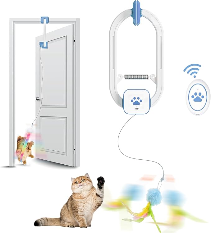 Rechargeable Electric Cat Teaser with Remote – Interactive Door Clip Toy for Cats, 2 Motion Modes (360° Spin & Irregular Jumping), Smart Auto Cat Toy for Exercise & Fun (Blue)