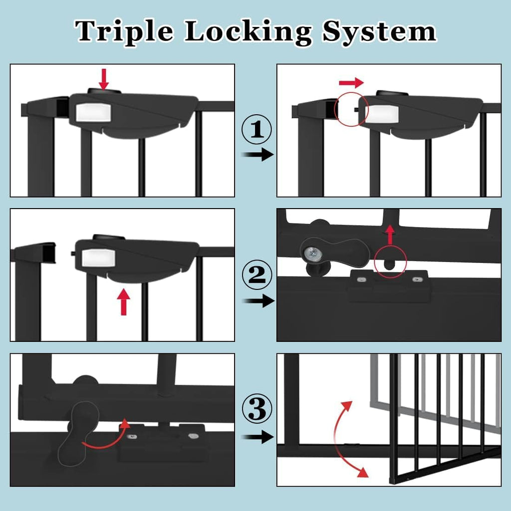 WAOWAO Triple Lock 68.11-75.98" Baby Gate Extra Wide Pressure Mounted Walk Through Swing Auto Close Safety Black Metal Dog Pet Puppy for Stairs,Doorways,Kitchen