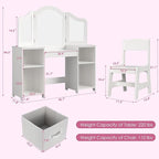 Arlopu Kids Vanity Set, 2 in 1 Toddler Makeup Dressing Table and Chair Set w/Detachable Tri-fold Mirror, Open Shelves, Princess Wooden Pretend Play Desk Furniture Toy for Little Girl (White)