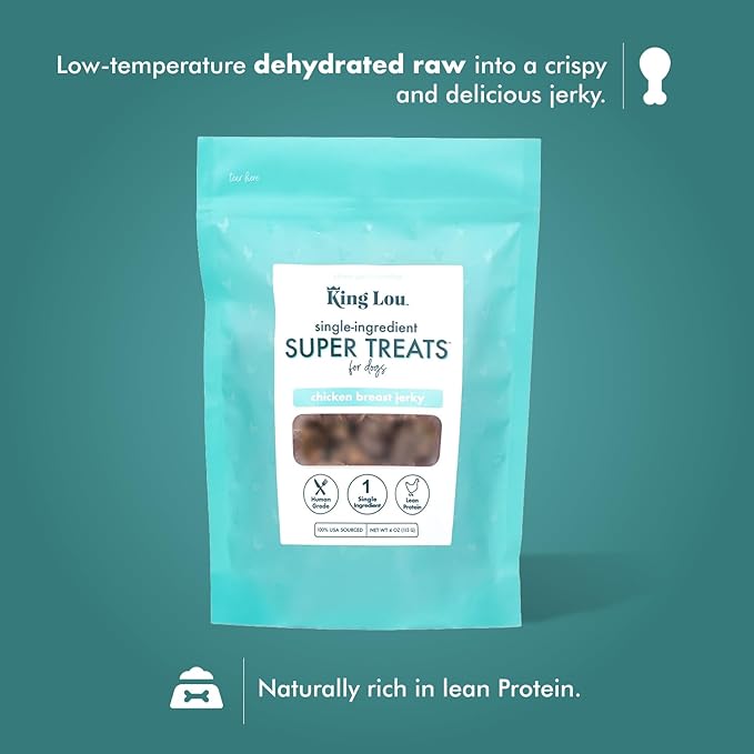 King Lou Pets - Chicken Breast Jerky for Dogs - USA-Made Dehydrated Chicken Dog Treats - 1 lb Fresh Breast Prior to Dehydration