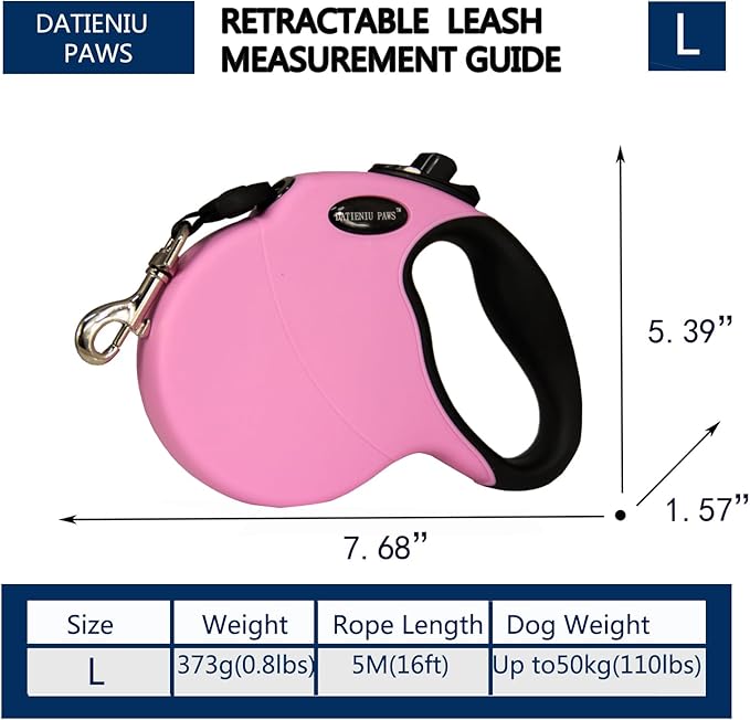 Retractable Dog Leash Hands-Free Adjustable Length 16ft with Safety Lock Durable Nylon Belt for Small Medium Large Dogs Easy Walk Training Portable Dog Leash Pink L