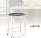 COSTWAY Upholstered Bar Stools Set of 2, 24-Inch Backless Counter Height Dining Stools with Delicate Wood Carving, Footrest, Solid Rubber Wood Frame, Farmhouse BarStools for Kitchen Island Bar, White