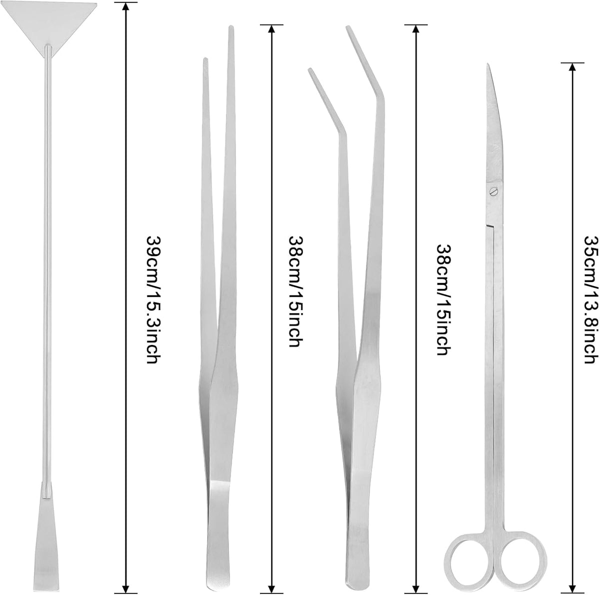 15Inch Extra Long Design Aquarium Aquascaping Tool Stainless Steel Aquascape Tools Kit 4 in 1 Anti-Rust Fish Tank Starter Kit with Long Tweezers Scissors Spatula for Aquarium Plants (Silver)
