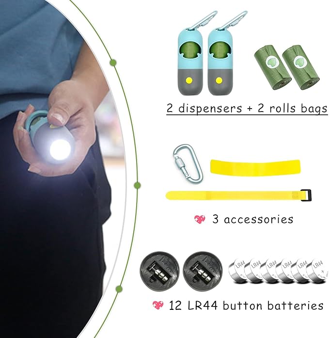 2 Pack Poop Bag Holder with Flashlight Waste Bag Dispenser for Leash with Clip and Battery Poop Bag Dispenser with Green Scented Poop Bags for Dog Walking(Blue,2 Dispenser 60 Bags)