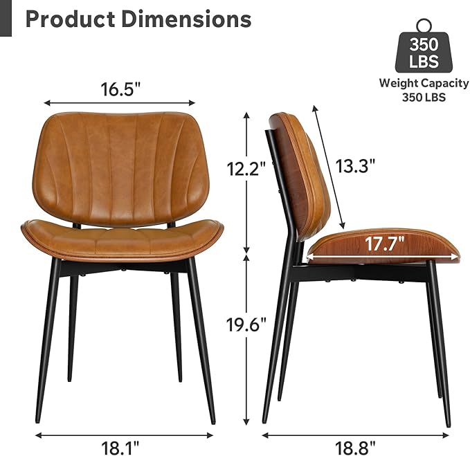 Dining Chairs Set of 6, Mid Century Modern Dining Room Chairs, Upholstered Faux Leather Kitchen Chairs with Walnut Bentwood Back and Metal Legs, Brown