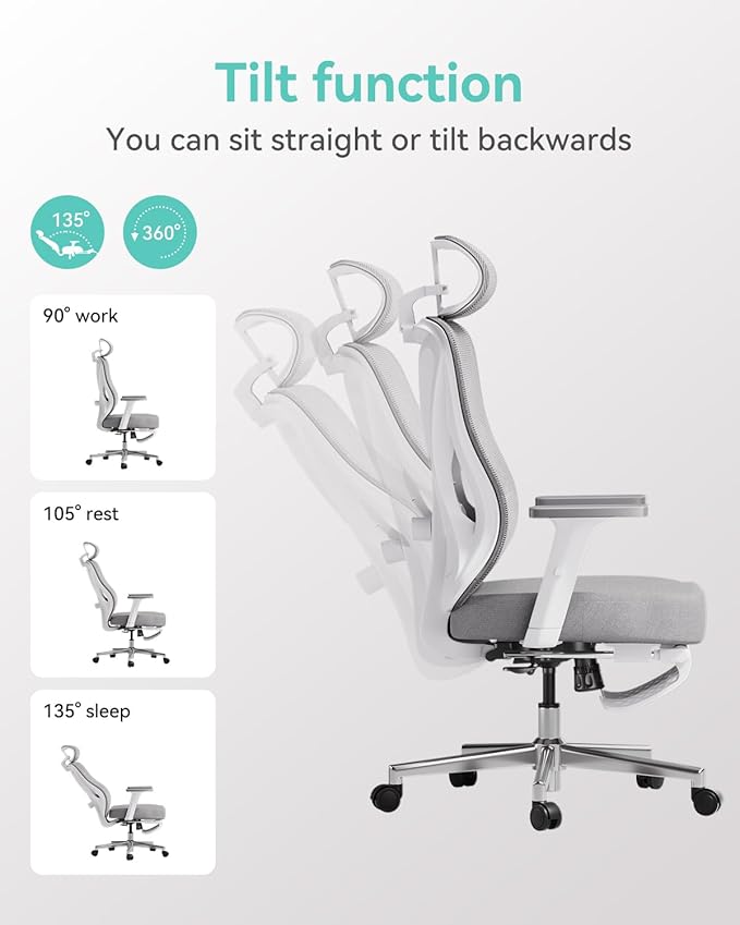 Hbada P5 Ergonomic Office Chair, Desk Chair with Adjustable Lumbar Support and Height, Comfortable Mesh Computer Chair with Footrest 2D Headrest, Swivel Tilt Function White