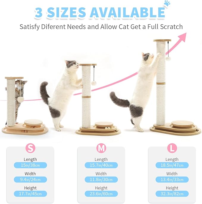 Made4Pets Cat Scratching Post Cat Scratcher Kitten Toys for Indoor Cats Wooden Ball Track Two-Layer Modern Sisal 32" Tall Scratch Post Interactive Toy with Dangling Ball Large Size