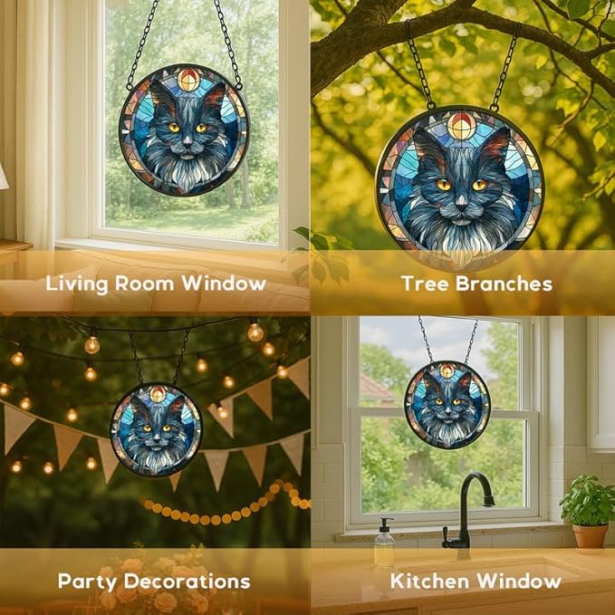 Stained Glass Window Hanging， Wizard Cat 11.8in Sun Catchers Indoor Window， Core Decor Inside and Outside The Cottage， Whimsical Feline Decor， Gifts for Women