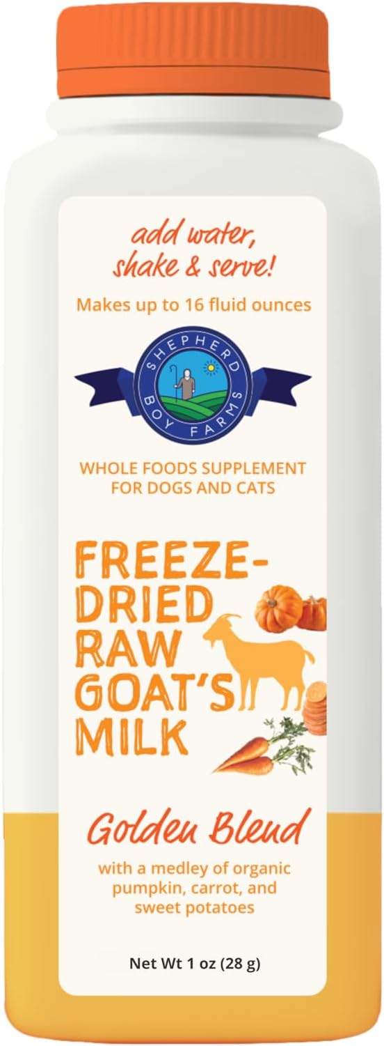 Shepherd Boy Farms Freeze Dried Raw Goats Milk with Probiotics for Dogs & Cats (Golden Blend), Organic USA Veggies & Fruits, High Protein, Digestible Goat Milk Powder, Food Toppers - Makes 16 FL OZ