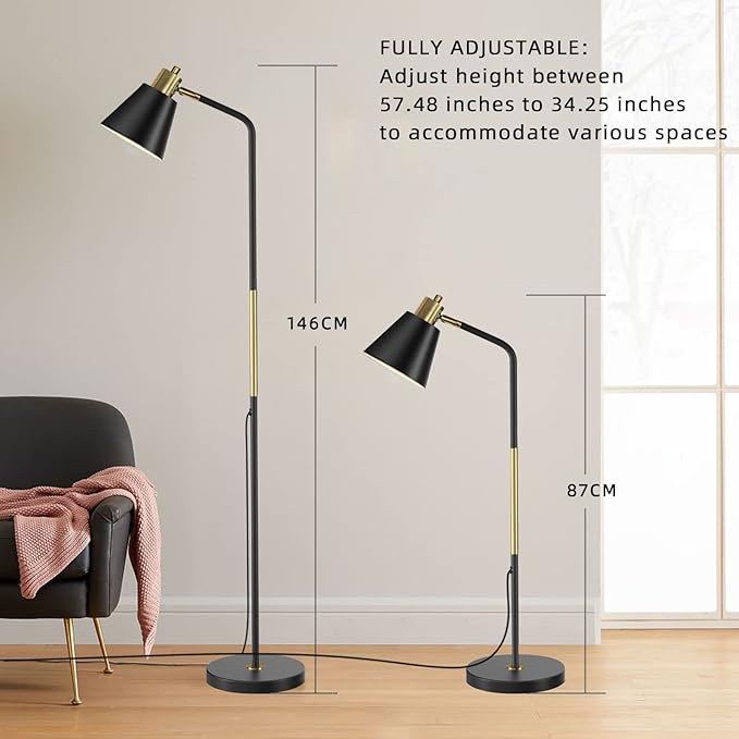 Industrial Floor Lamps for Living Rooms & Bedrooms - Rustic Farmhouse Reading Lamp - Standing, Adjustable Metal Heads Indoor Task Lighting for Living Room Bedroom Office Home Décor (Black-Large)