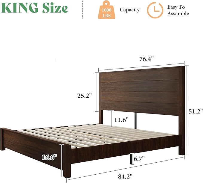AMERLIFE King Size 51.2" Wood Bed Frame, Rustic Platform Bed with Spliced Headboard, Wood Slats Support/Noiseless/Reclaimed Barnwood//No Box Spring Needed