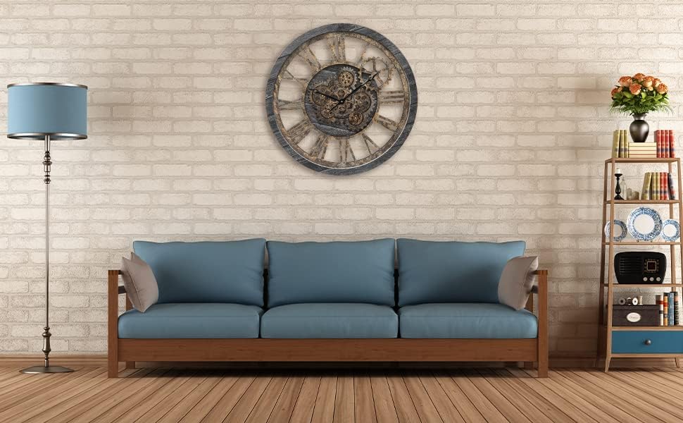 HOIBAI Wall Clock, Large Wall Clocks for Living Room Decor 18 Inch Battery Operated Silent Non-Ticking Modern Farmhouse Vintage Roman Big Wall Clock for Home Bedroom House Office, Moving Gears Clock