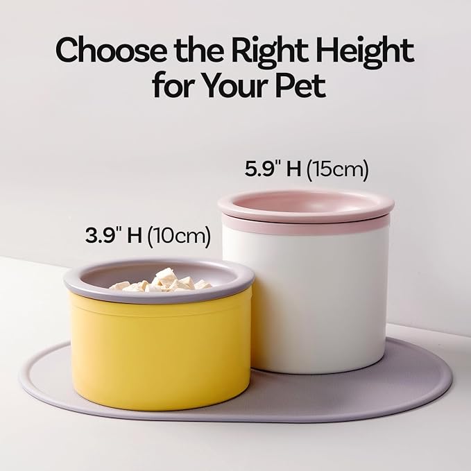 Hello Bowl Elevated Ceramic Cat Bowl with Stand, Raised Whisker-Friendly Feeding Bowl for Cats & Small Dogs, Patented Design, Made in Korea (5.9" H - Pink, Square/Dry)