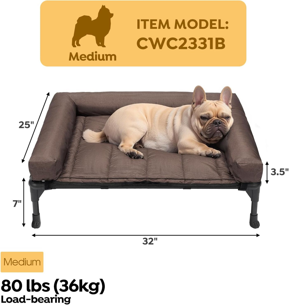 Veehoo Cooling Elevated Dog Bed Add Removable Waterproof Bolster Cushion Mat, Raised Pet Cot with Breathable Teslin Mesh, No-Slip Feet, Dog Sofa Bed for Indoor Outdoor, Medium, Brown CWC2331B