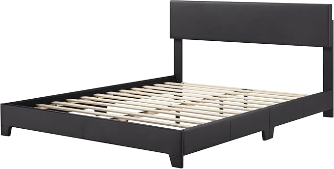 Allewie Full Size Bed Frame with Adjustable Headboard, Faux Leather Platform Bed with Wood Slats, Heavy Duty Mattress Foundation, No Box Spring Needed, Noise-Free, Easy Assembly, Black