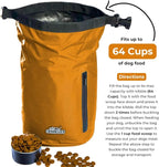 Callieco Dog Food Travel Bag w/ 1 Cup Scoop and Zipper Side Pocket | Waterproof Kibble Storage Container for Home, Road Trips, Camping, Boarding and More (Orange, 64 Cups)