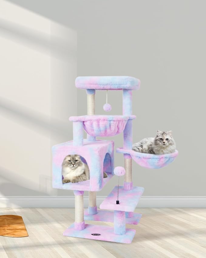 KIYUMI Cat Tree Cat Tower Condo with Sisal Scratching Post for Indoor Cats Cat Tree Cat Furniture with Hammock Perch and Kitten Ball Toys, Multi-Level Pet Activity Center Rainbow