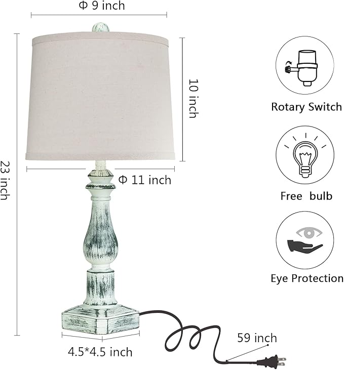 RORIANO 23'' Set of 2 Rustic Table Lamps for Bedroom Living Room, Traditional Farmhouse Resin Desk Lamps, Washed Green Retro Nightstand Lamps for Home Office Entryway, 2 Bulbs Included