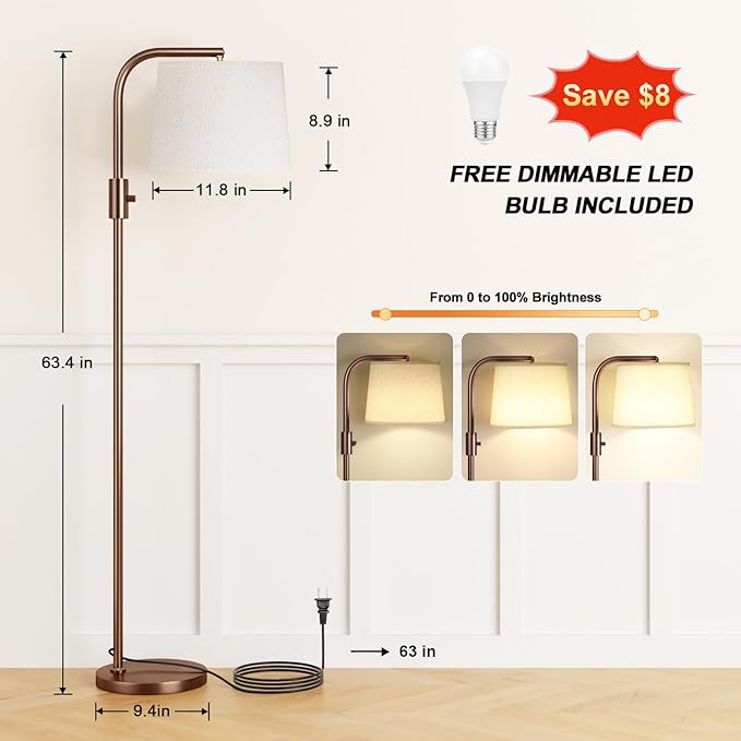Ambimall Fully Dimmable Floor Lamp - Floor Lamps 9W LED Light Bulbs, Standing Lamps for Living Room with Adjust Head, Modern Standing Light Rotary Switch, Tall Lamp for Bedroom(Brown and Light Beige)