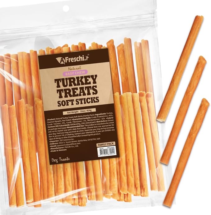 AFreschi Soft Turkey Stick Dog Treats – 16oz, USA-Sourced Trukey, All-Natural, Hypoallergenic, High-Protein, Low-Fat, Healthy & Easily Digestible, Puppy & Training Snack