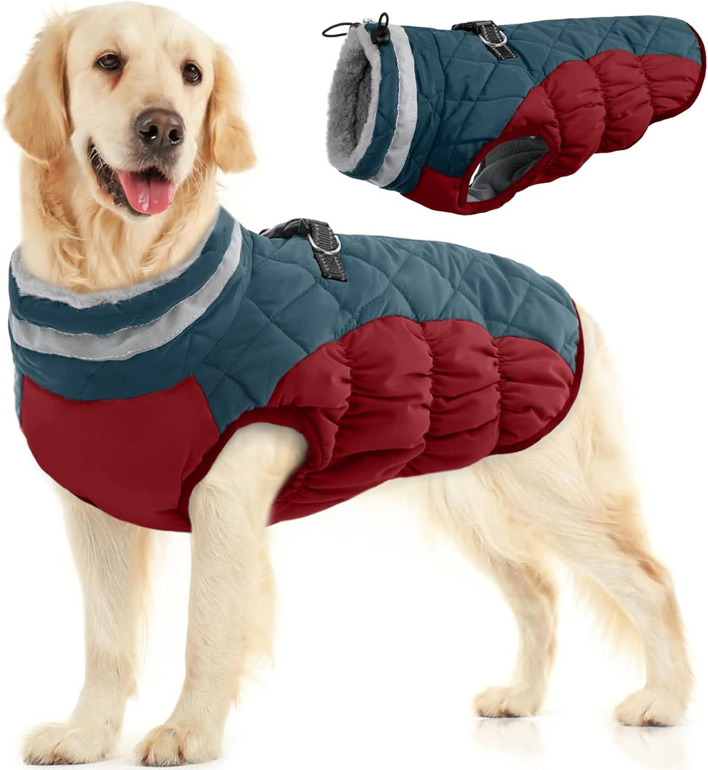 FUAMEY Dog Coat for Large Dogs,Waterproof Dog Winter Jacket with Harness Built in Puppy Cold Weather Coats Reflective Pet Vest with Zipper Warm Fleece Dogs Snowsuit Windproof Dark Blue XL
