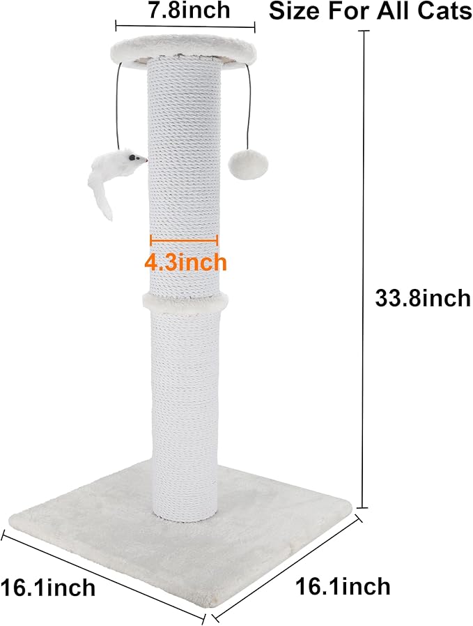 Cat Scratching Post 34 Inches Heavy Duty and Thicker Cat Scratching Post Sisal Rope with Hanging Ball and Mice Scratching Post for Indoor Cats and Adult(White)