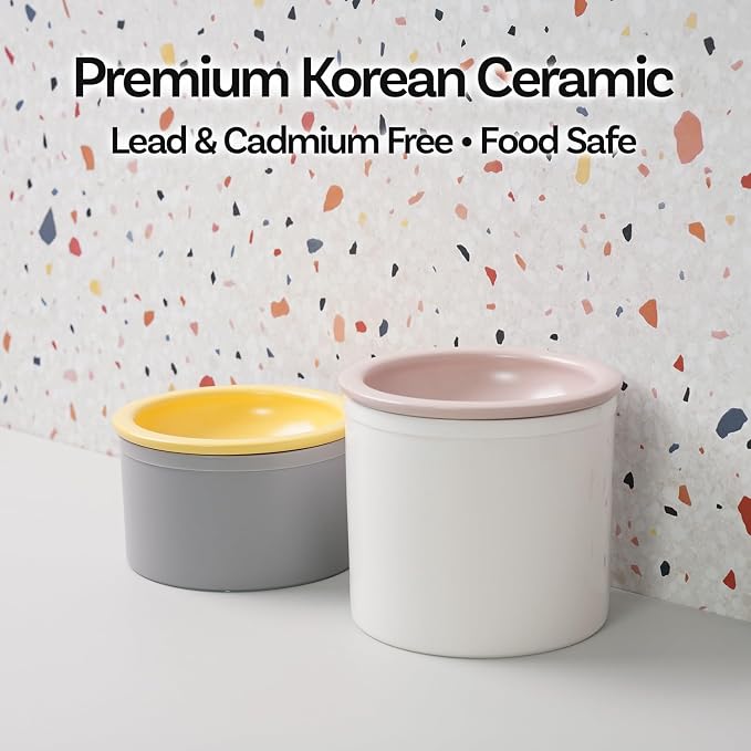 Hello Bowl Elevated Ceramic Cat Bowl with Stand, Raised Whisker-Friendly Feeding Bowl for Cats & Small Dogs, Patented Design, Made in Korea (5.9" H - Pink, Square/Dry)