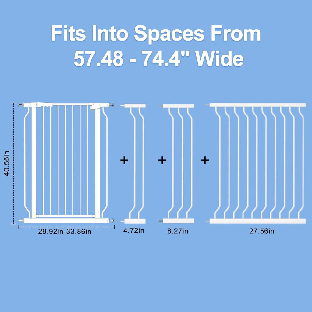 WAOWAO Extra Tall 40.55" Baby Gate 57.48-74.4" Wide Pressure Mounted Walk Through Swing Auto Close Safety White Metal Toddler Child Dog Pet for Indoor Stairs,Doorways,Kitche