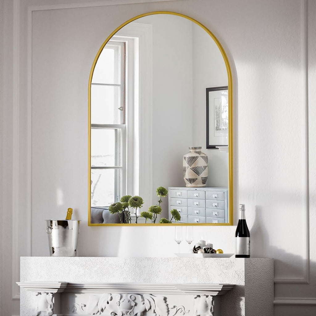 BEAUTYPEAK 30"x40" Arch Bathroom Mirror, Wall Mounted Vanity Metal Frame Mirror for Bedroom, Entryway, Living Room, Gold