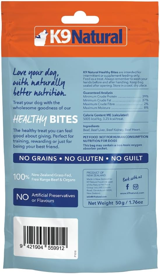 K9 Natural, Freeze-Dried Single Ingredient Dog Treats, High-Value, Low-Calorie Protein Bites for Active Dogs, Healthy Dog Training Treats, Grain-Free Reward, Beef & Organs, 1.76oz (Pack of 2)