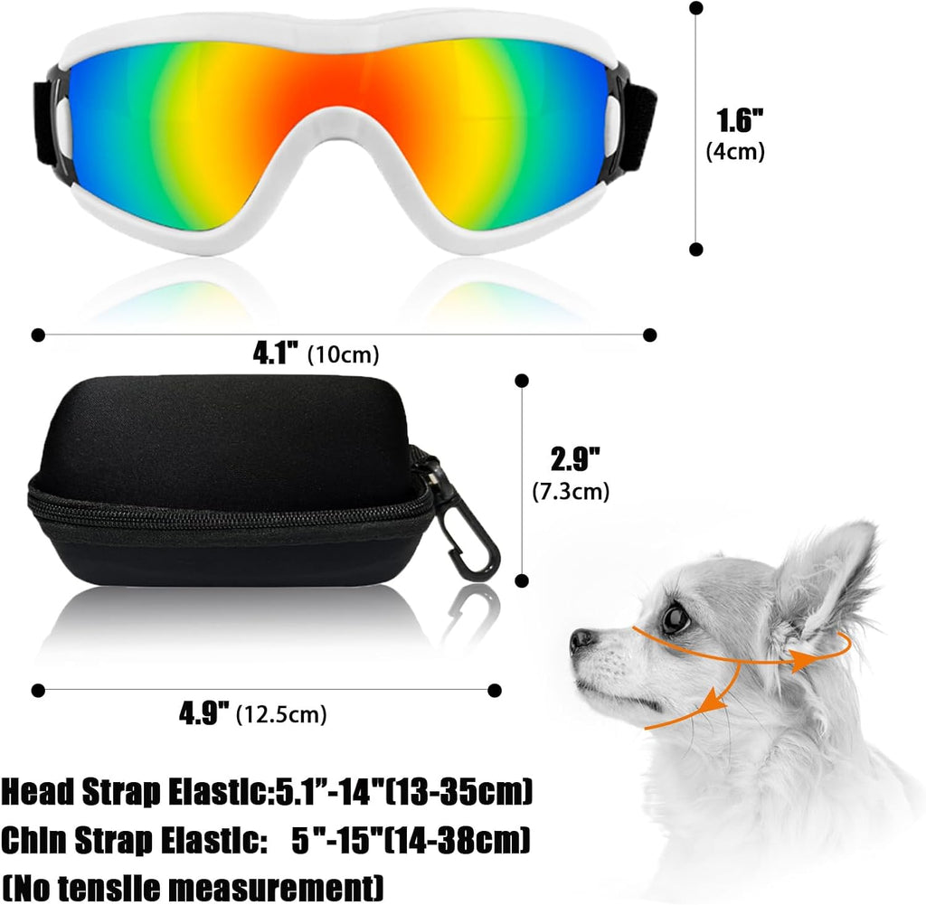Dog Goggles Small Breed Dog Sunglasses with Adjustable for UV Protection Eyewear Doggy Doggie Puppy Glasses Anti-Fog Wind Dust Snowproof (White Frame Red Lens)