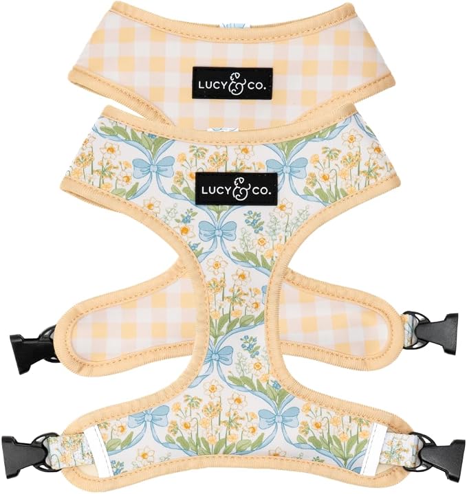 Lucy & Co. Reversible Dog Harness - Water-Repellent Neoprene, Dual-Print Design, Easy Swap Style, Adjustable Comfort Fit - Sunshine Daffodils Reversible Harness - X-Large